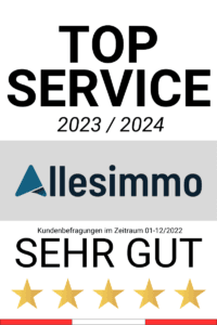 Top Service Auszeichnung 2023/2024 für Allesimmo – sehr gute Kundenbewertungen für Immobilienbewertung und Immobilienmakler-Empfehlung in Graz